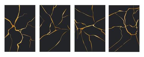 Kintsugi gold simple break lines, asian geaometric crackle. Surface with crack print, effect. Moderm cover golden broken texture. vector