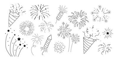 Fireworks and rocket, salute with burst, light and festive explosions in doodle style. Hand drawn sparks, firecracker on white background. Party, celebrations, event. vector