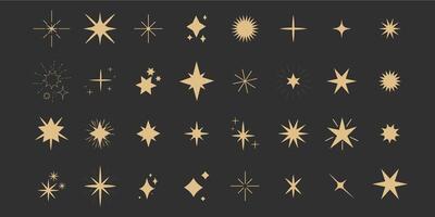 Set gold shine sparkle icon glare,light,blink star minimal shape, burst and rays golden decoration. Twinkle magic comic shine isolated on dark background. vector