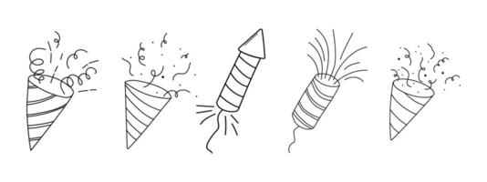 Fireworks and rocket, salute with burst, light and festive explosions in doodle style. Hand drawn sparks, firecracker on white background. Party, celebrations, event. vector