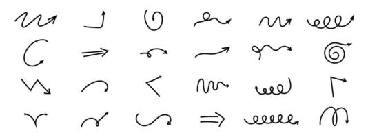 Spiral arrow doodle, wavy twist minimal squiggly line set. Curve comic turn way direction. Playful quirky simple free hand elements. vector