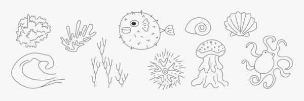 Fish, seaweed and shellfish sketch. Under Sea Doodles. Abstract graphic illustration vector