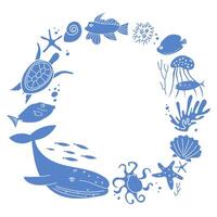 Underwater life frame. Cartoon illustration of whale, turtle, star fish, conch and corals. Decorative border for menu, greeting card vector