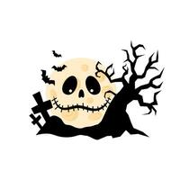 Bright moon with silhouette of tree, tombs and bats. Halloween Background. Festive element for background, postcard, invitation. Flat style illustration on white background. vector