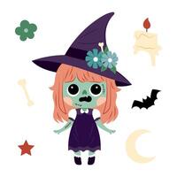 A witch character with various decorative elements. Zombie character. Little dead witch. Halloween decor for cards, poster, invitation. Illustration in flat style. vector