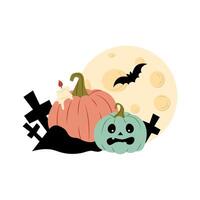 Halloween. Pumpkins in a cemetery with a background of the moon. Halloween card, background, sticker. Cartoon pumpkin. Illustration in flat style on a white background. vector