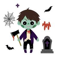 A zombie character with various decorative elements. Scary boy with an hatchet. Little dead boy. Halloween decor for cards, poster, invitation. Illustration in flat style. vector
