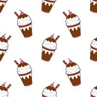 Ice cream sundae with chocolate icing in cup, seamless summer pattern on white background. vector