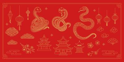 2025 Lunar Chinese New Year gold icons set. A red background with a snake, flower, clouds, lantern vector