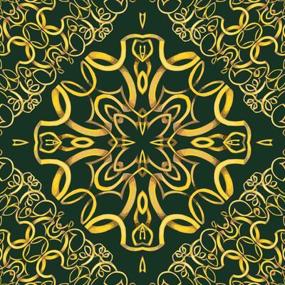 pattern of hand drawn gold lines ornament on dark green background. Ornamented art oriental style