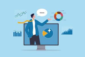 Online presentation webinar, conference or online seminar, consultation or data analyzing meeting, business discussion, financial expertise concept, businessman on computer screen presenting data. vector