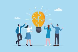 Idea brainstorming, cooperation or collaboration to get solution, teamwork or team meeting to develop idea together, employee participation concept, business people connect lightbulb jigsaw puzzle. vector