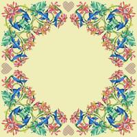 pattern of blue birds flying over green leaf foliage on beige background. Square composition. vector