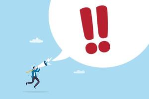 Warning message, shouting alert or danger warning, important message on loud speaker, emergency attention, safety or urgency scream concept, businessman shouting on megaphone with exclamation point. vector