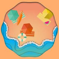Papper cut vibrant beach scene with colorful surfboards, umbrellas, towels, life preserver, and watermelon by the waves. Ideal for summer themed designs. vector