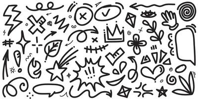 Doodle set of hand-drawn cartoony expression sign doodle, curve directional arrows, emoticon effects design elements, cartoon character emotion symbols, cute decorative brush stroke lines. vector
