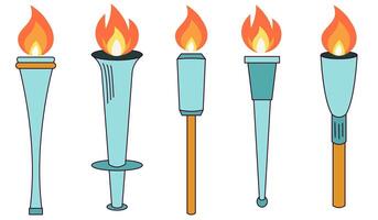 Set of torches with flaming fire vector