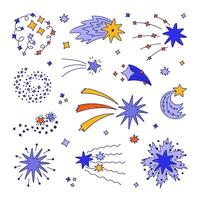 Big colorful cute set of star dust, spiral twinkle cloud, falling star with hand drawn doodle outline. Sparkling magical stardust, comet shower. Astrology, astronomy, universe, Christmas element. vector