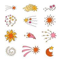 Big colorful cute set of star dust, spiral twinkle cloud, falling star with hand drawn doodle outline. Sparkling magical stardust, comet shower. Astrology, astronomy, universe, Christmas element. vector