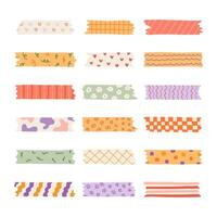 Big cartoon set of washi tape stripes with squiggle, geometry and cute pattern. adhesive tapes with colorful hand drawn memphis ornament. Trendy decorative scotch tape with ragged edges. vector