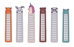 Cute colorful doodle kawaii bookmarks with place for notes with animal faces of cat, rabbit, frog, unicorn, panda, bear. Stationery for reading books. Back to school with hand drawn outline vector