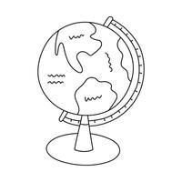 Cute doodle globe with stand for school lesson of geography. Table and desk Earth globe with world map, ocean, continents for back to school, study, education. Hand drawn outline isolated clipart. vector