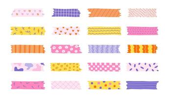 Big cartoon set of washi tape stripes with squiggle, geometry and cute pattern. adhesive tapes with colorful hand drawn memphis ornament. Trendy decorative scotch tape with ragged edges. vector