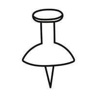 Cute doodle push pin with plastic red top and needle. Thumbtack, pointer, fixation button head for attaching paper to notice and cork board. Hand drawn office and school stationery outline clipart. vector