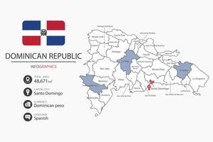 Dominican Republic map infographic elements with flag of city. Separate of heading is total areas, Currency, Language and the capital city in this country. vector