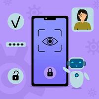 A smartphone displays a fingerprint scanner with a hand hovering above it. vector