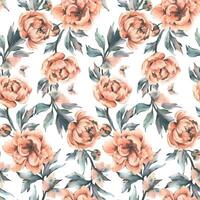 Peony flowers with buds and leaves with flying butterflies in pastel peach fuzz color. Hand drawn botanical watercolor illustration. Romantic, cute, beautiful, seamless pattern, repeating ornament vector