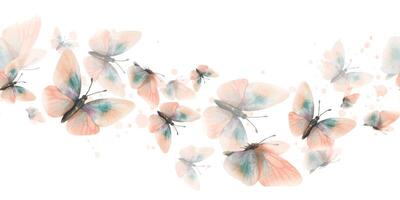 Delicate, flying, elegant butterflies in the trendy pastel color peach fuzz in a vintage style. Hand drawn watercolor illustration. Seamless board pattern, repeating ornament. vector