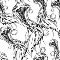 A flock of jellyfish swims in the stream. Marine illustration of the underwater world, graphically drawn in black ink. seamless pattern in EPS vector