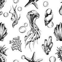 Seahorse and jellyfish with shells, corals, fish, algae and bubbles. Marine illustration of the underwater world hand drawn in black ink graphically. seamless pattern in EPS vector