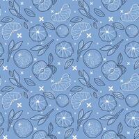 Handdrawn citrus and leaves pattern in blue vector