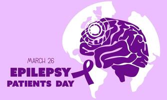 International Epilepsy Day banner for March 26. Brain is a flat silhouette in purple colors against the background of the earth with a ribbon on shades of purple. Brain problems, illness. Horizontal vector