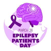 International Epilepsy Day banner for March 26. The brain is naturally flat in purple colors against the background of the earth with a ribbon on white. Brain problems, illness. Square vector