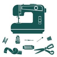 A set of icons in the theme of sewing on a sewing machine, tailoring and sewing, a blue flat set of isolated illustrations on white. Sewing machine, thread, needles, thimble, scissors, tape vector