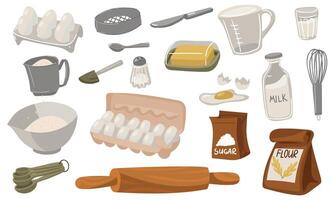 Set of necessary ingredients and baking tools. Paper bag with flour, bag of sugar, piece of butter, measuring cup, chicken eggs, salt shaker, whisk, bag of milk, wooden rolling pin and more. vector