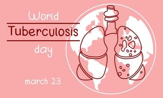 World Tuberculosis Day. March 24 information banner of the fight against tuberculosis with a silhouette map of the world, a view of the affected red contour lungs. Banner horizontal pink World TB day vector