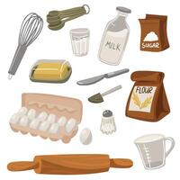 Set of necessary ingredients and baking tools. Set includes a paper bag with flour, bag of sugar, piece of butter, measuring cup, chicken eggs, salt shaker, whisk, bag of milk and wooden rolling pin. vector