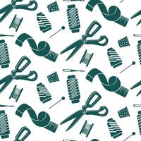 Pattern of sewing products. Seamless texture on the sewing theme. Blue flat scattered objects are threads, needles, clips, scissors, measuring tape, a skein of thread, a thimble. Elements on a white vector