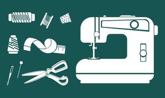 Set of icons in the theme of sewing machine, tailoring and sewing, a white flat set of isolated illustrations on blue. Sewing machine, thread, needles, thimble, scissors, measuring tape vector