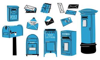 Mailboxes, set of mailboxes for blue letters. Various mailboxes, an envelope with mail, a postcard. Modern hand-drawn illustration. Individual design elements. Delivery, message, communication vector