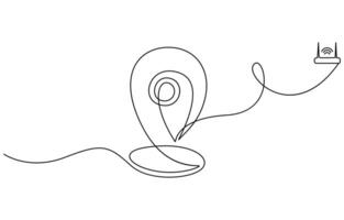 Continuous one line drawing of path and Location pointers. Simple pins on way between two points in thin Linear style vector