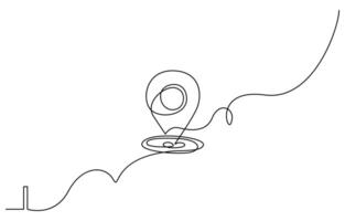 Continuous one line drawing of path and Location pointers. Simple pins on way between two points in thin Linear style vector