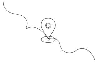 Continuous one line drawing of path and Location pointers. Simple pins on way between two points in thin Linear style vector