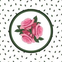 round green frame with pink roses in the center against the background of a pattern of small leaves vector