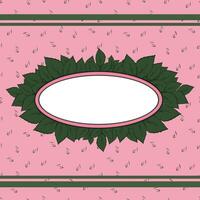 oval frame with green leaves on a pink pattern background with an outline of small leaves vector