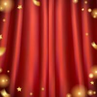 Red Curtains background with gold glitter and glowing elements. Realistic textile with folds and drapes.Silk texture satin velvet material or luxurious background place for tex . 3d illustration vector